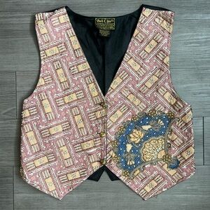 Vintage 90s Bali Chic Beaded Vest Ornamental Fan Pink & Gold One Size